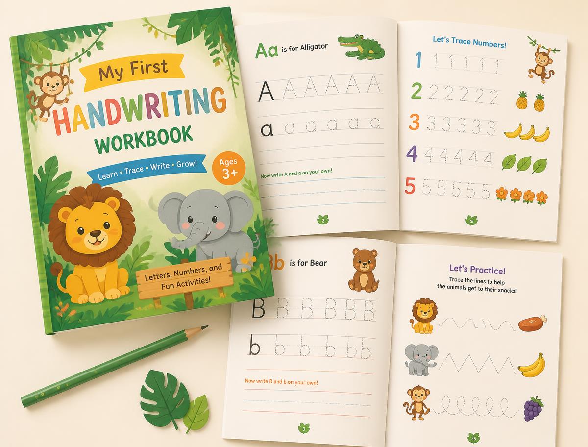 Little Writers Club handwriting workbook with alphabet and number tracing pages